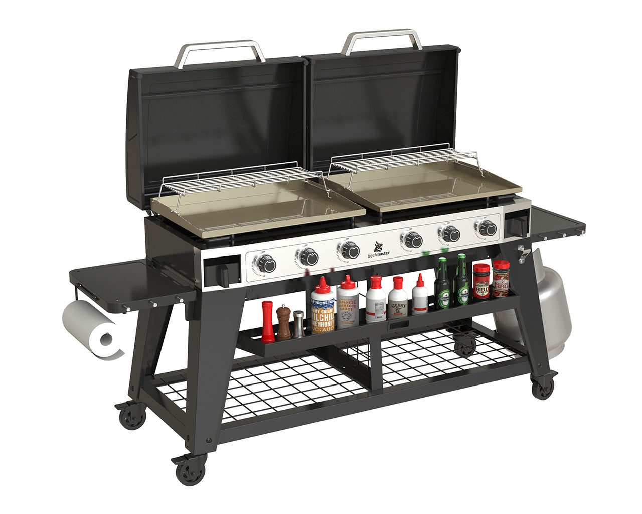 BEEFMASTER 6 BURNER PLATE BBQ C/W  TWO GRIDDLES AND TWO HOODS G6BEEFG